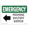 Signmission OSHA Emergency Sign, 10" H, Rigid Plastic, Propane Shutoff Switch (Left Arrow), Landscape OS-EM-P-1014-L-10414 - alternate 1